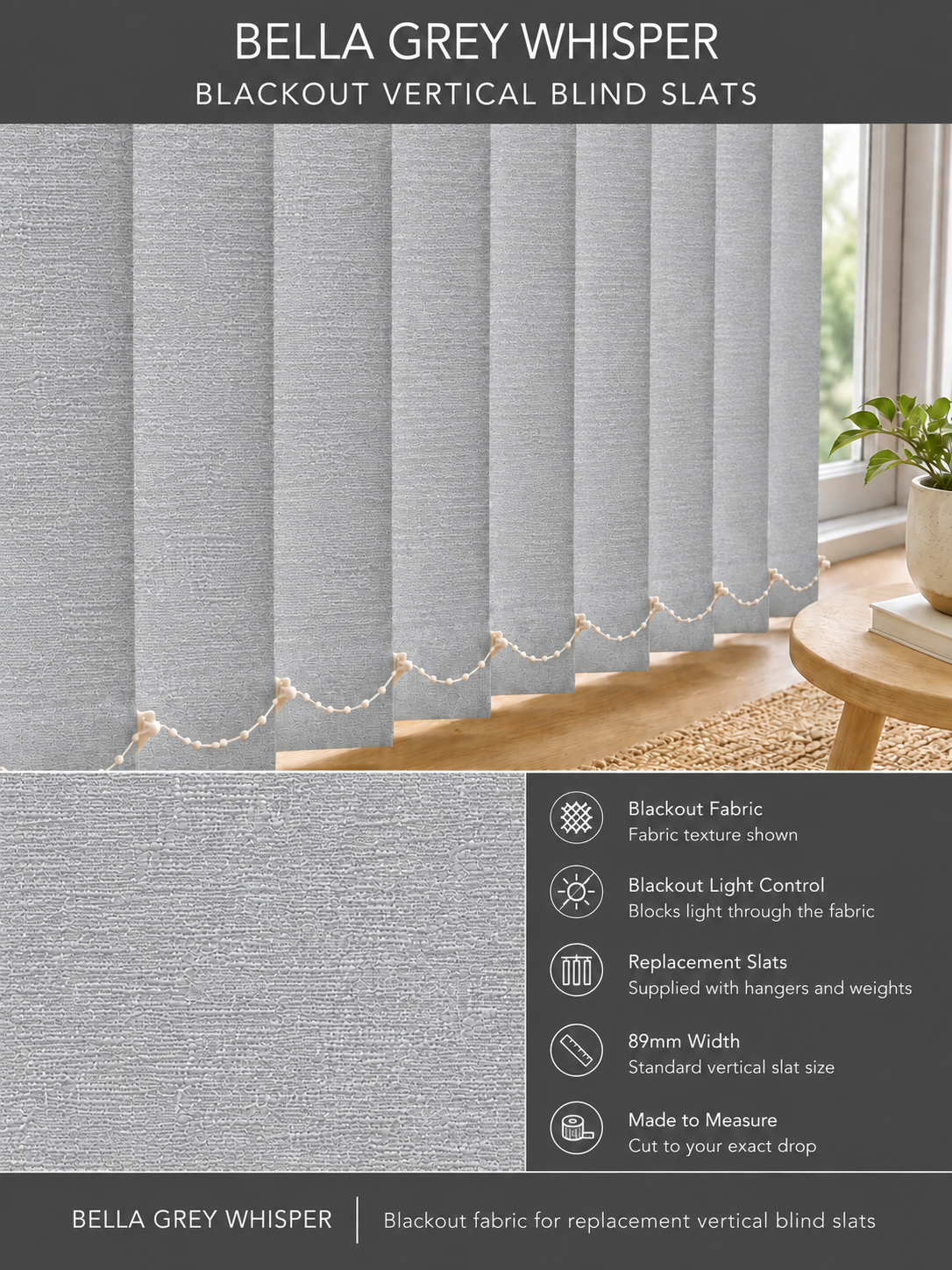 Bella Grey Whisper blackout vertical blind slats (89mm)