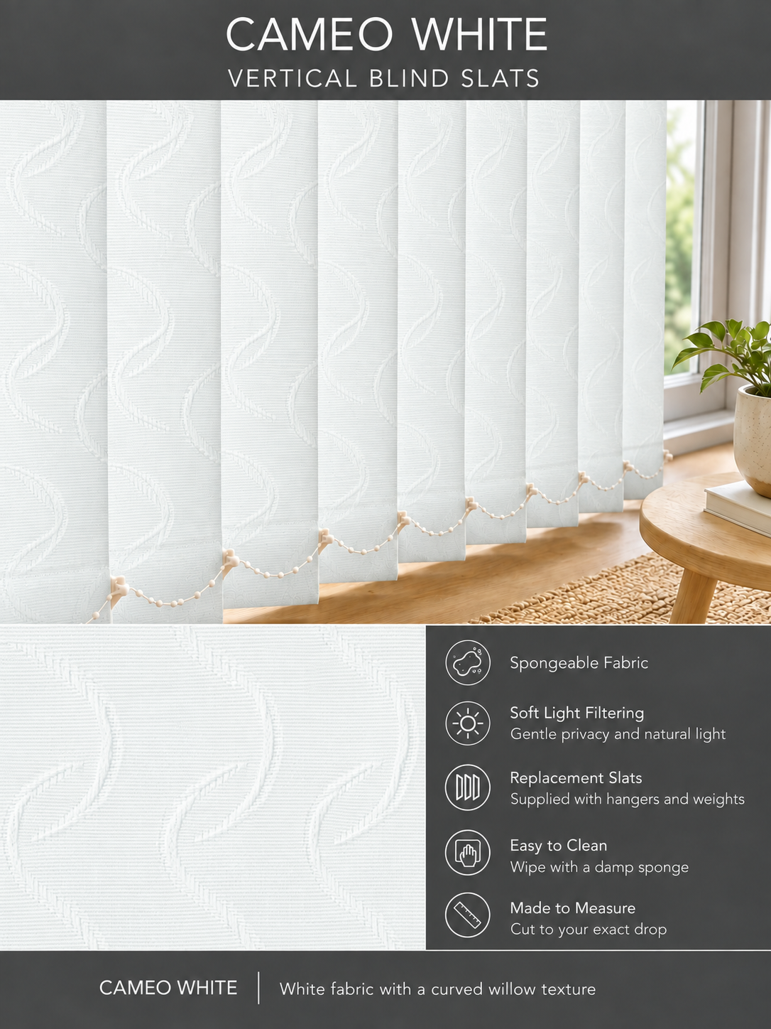 Cameo White vertical blind slats — Fitz master template