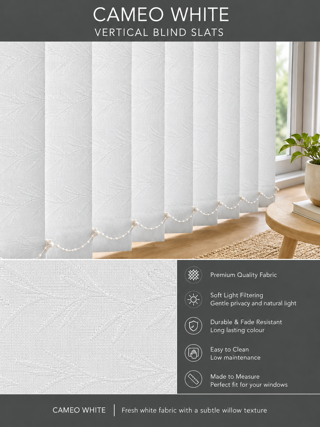 Cameo White vertical blind slats in Senna-style product display