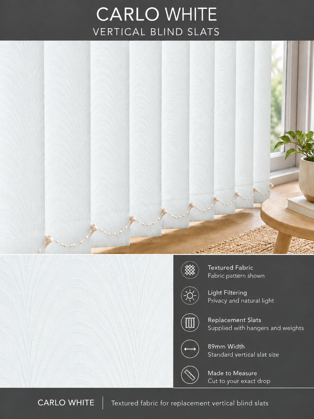 Carlo White Vertical Blind Slats (89mm) — Fitz template