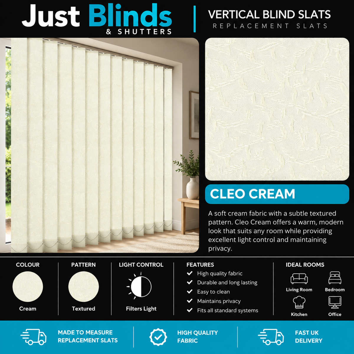 Cleo Cream Vertical Blind Slats 89mm - Senna template