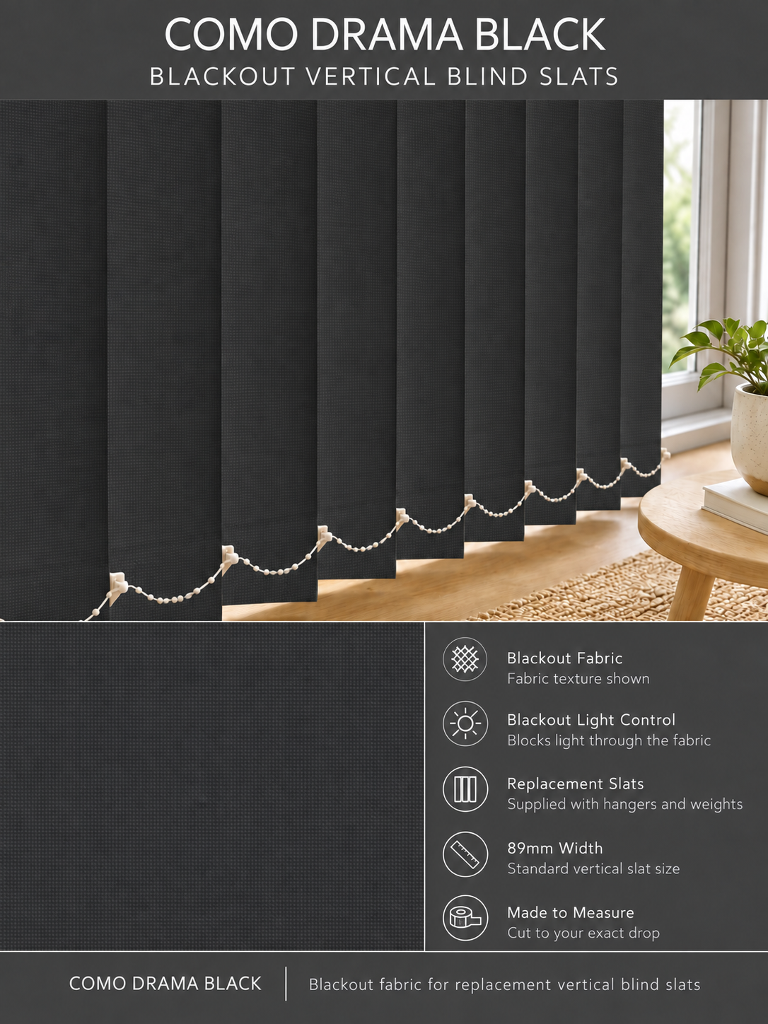 Como Drama Black Blackout Vertical Blind Slats fabric and features