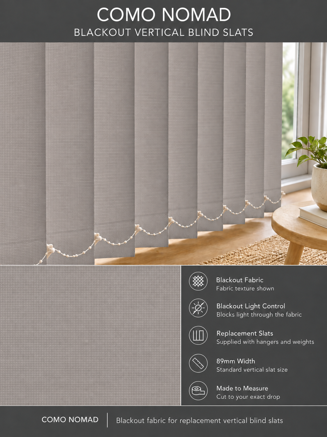 Como Nomad Blackout Vertical Blind Slats fabric and features