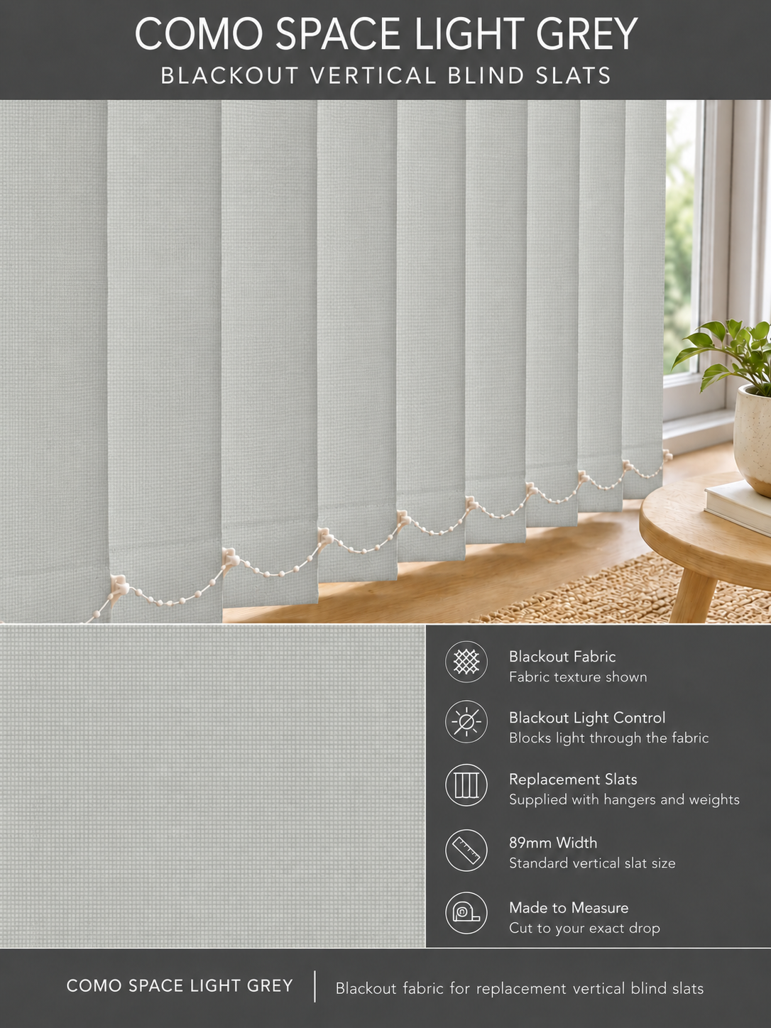 Como Space Light Grey Blackout Vertical Blind Slats — Fitz template