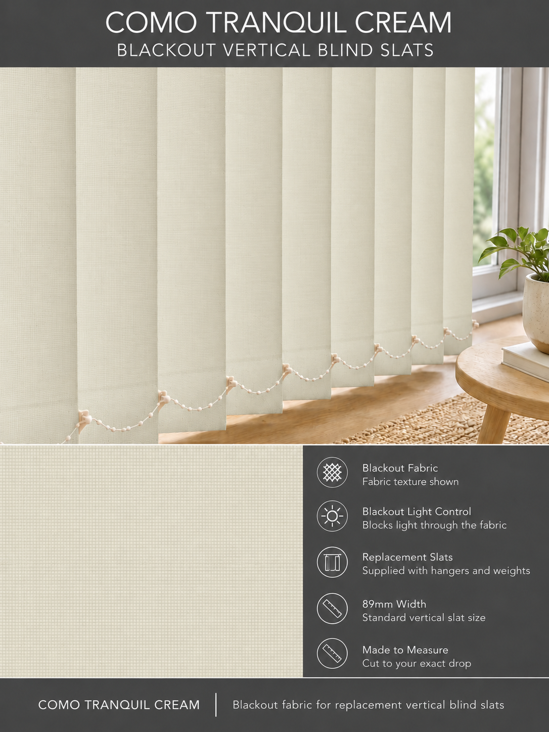 Como Tranquil Cream blackout vertical blind slats (89mm)