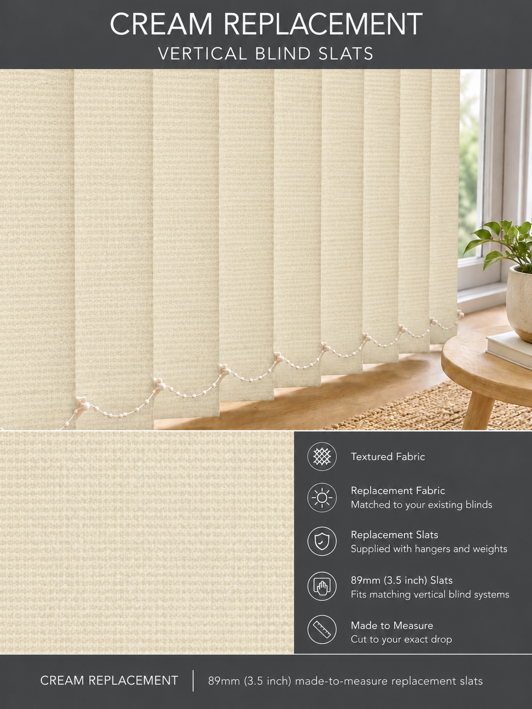 Cream Replacement Vertical Blind Slats (89mm) — Fitz master template