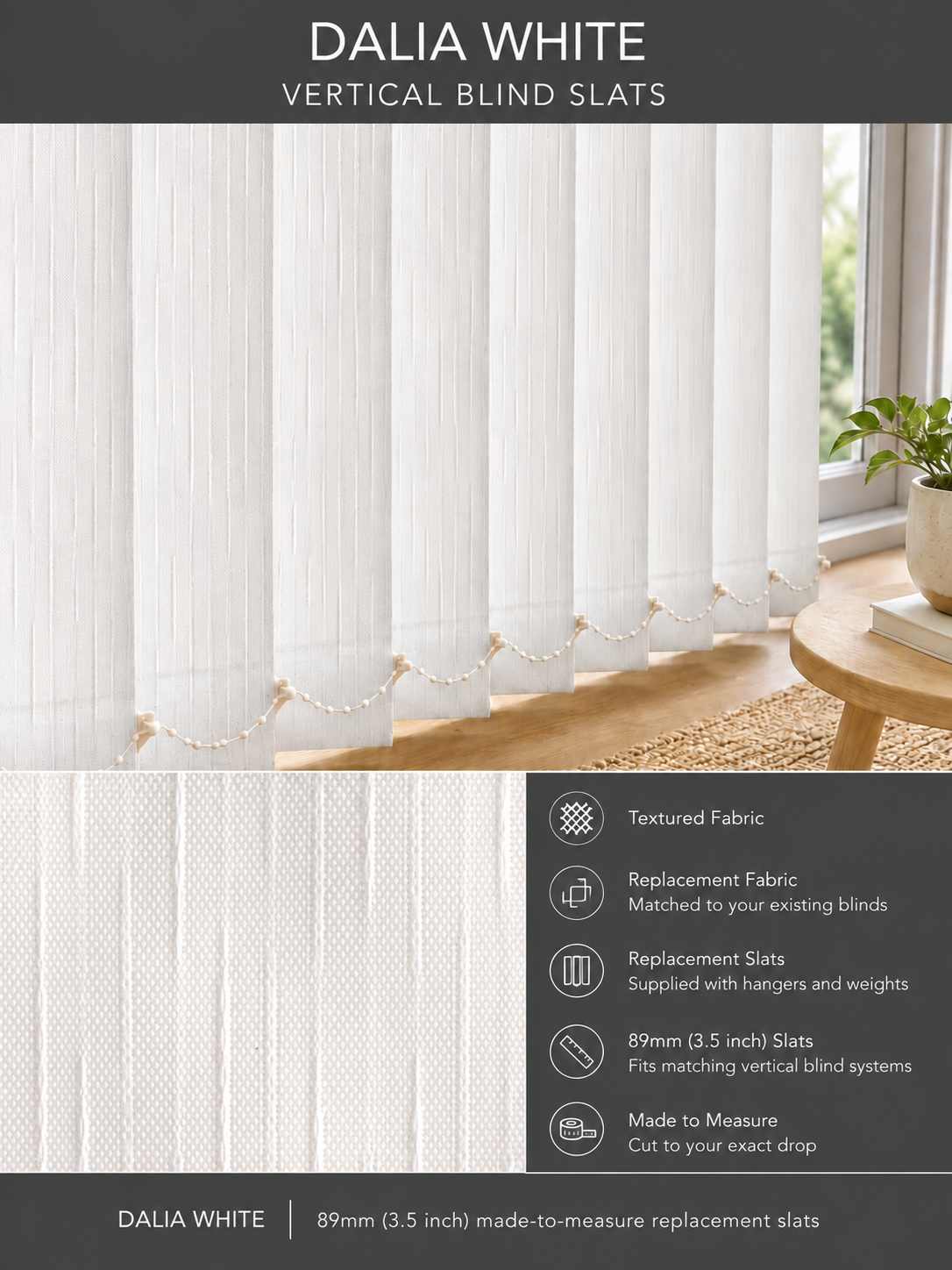 Dalia White Vertical Blind Slats (89mm) — Fitz master template