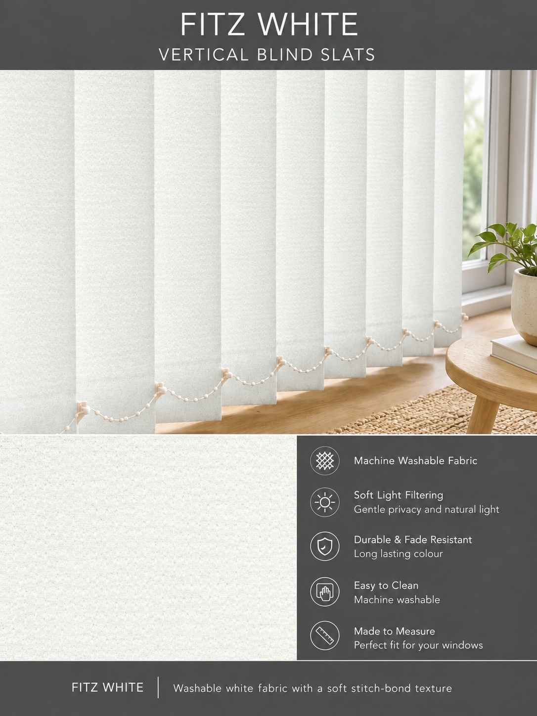 Fitz White washable vertical blind slats in Senna-style display