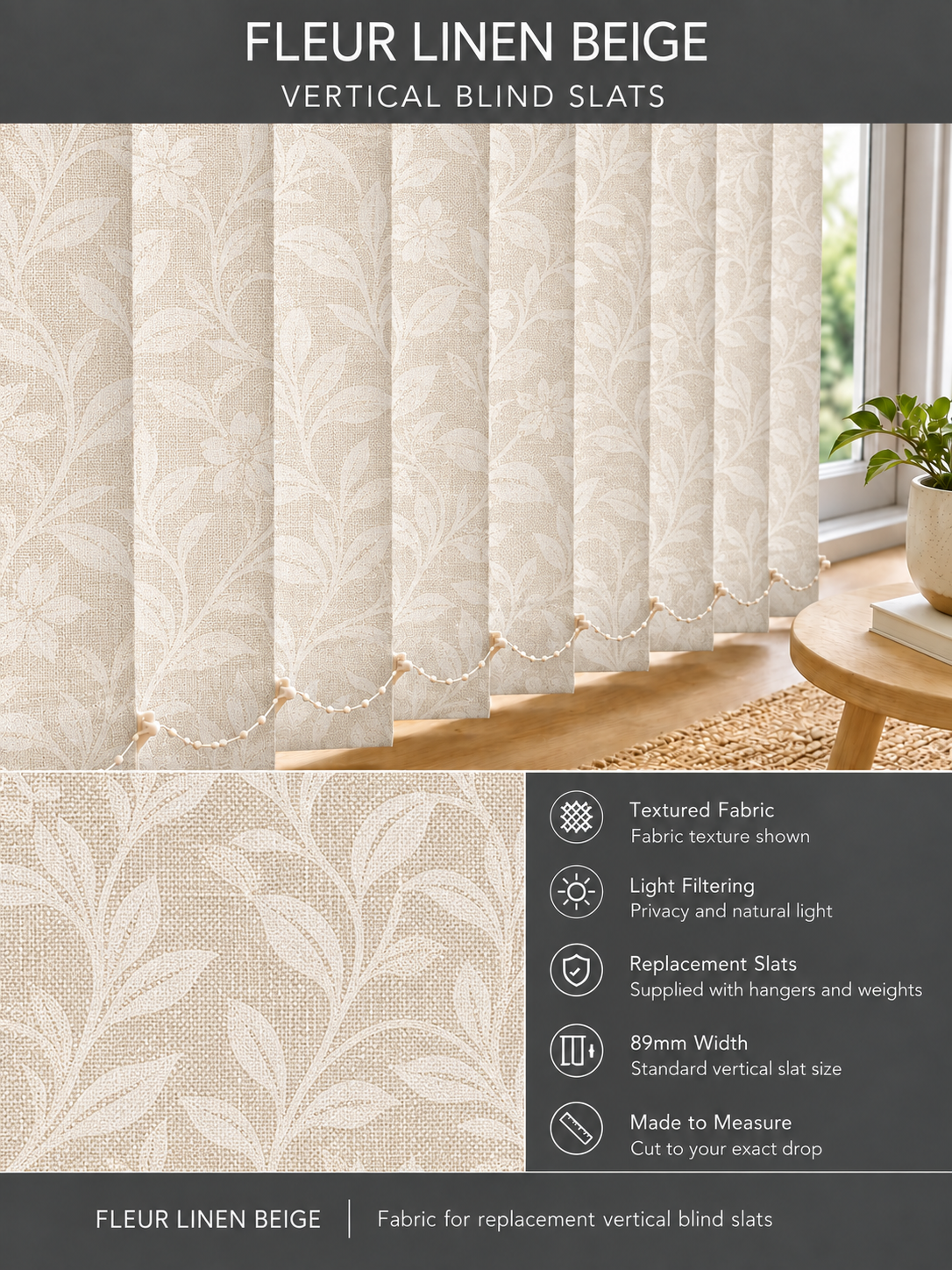 Fleur Linen Beige Vertical Blind Slats (89mm) fabric and features