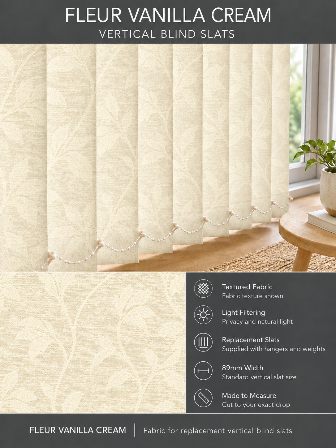 Fleur Vanilla Cream vertical blind slats (89mm)