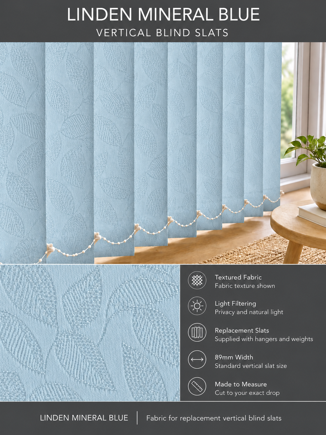Linden Mineral Blue vertical blind slats (89mm)