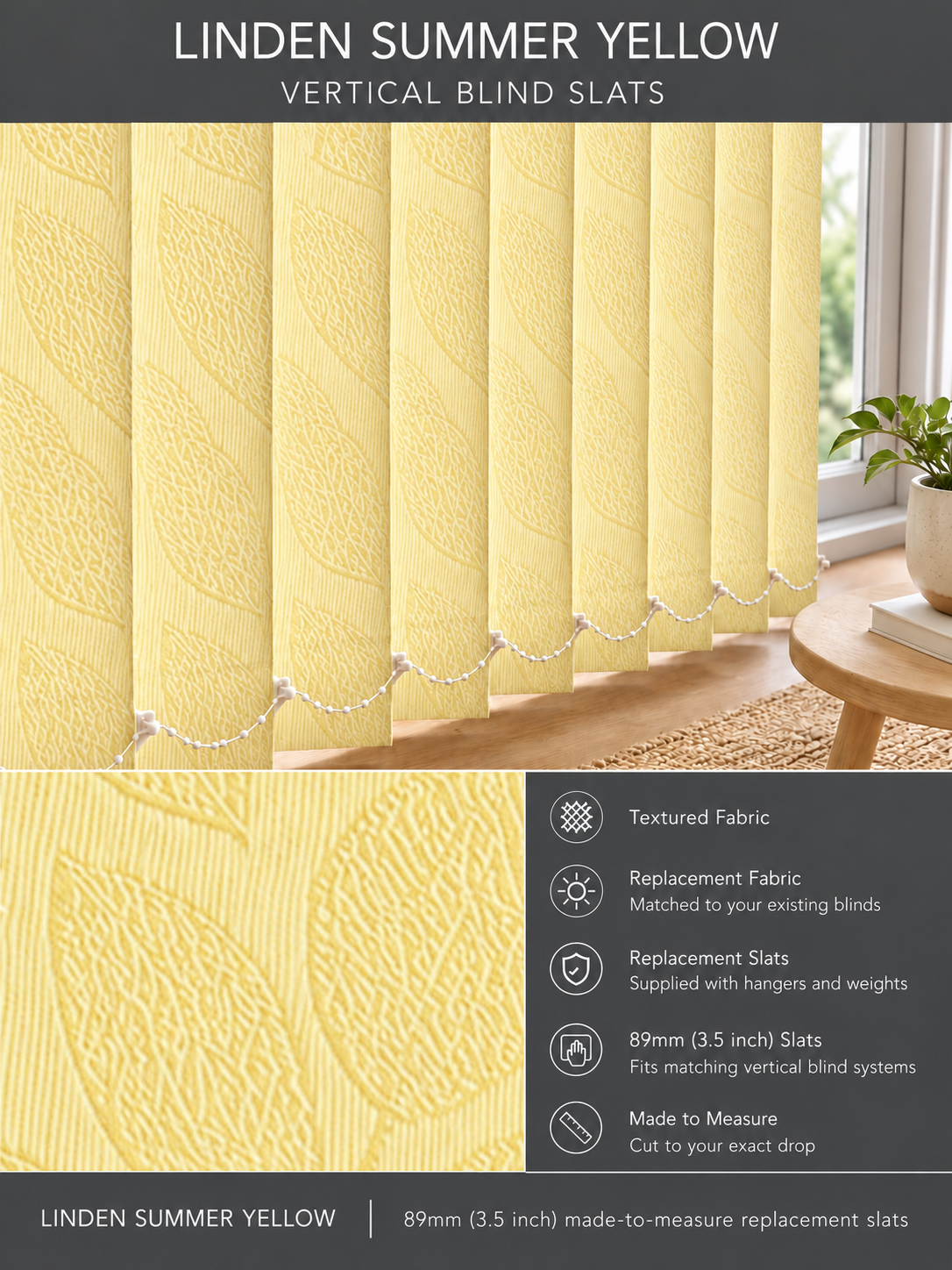Linden Summer Yellow vertical blind slats (89mm)