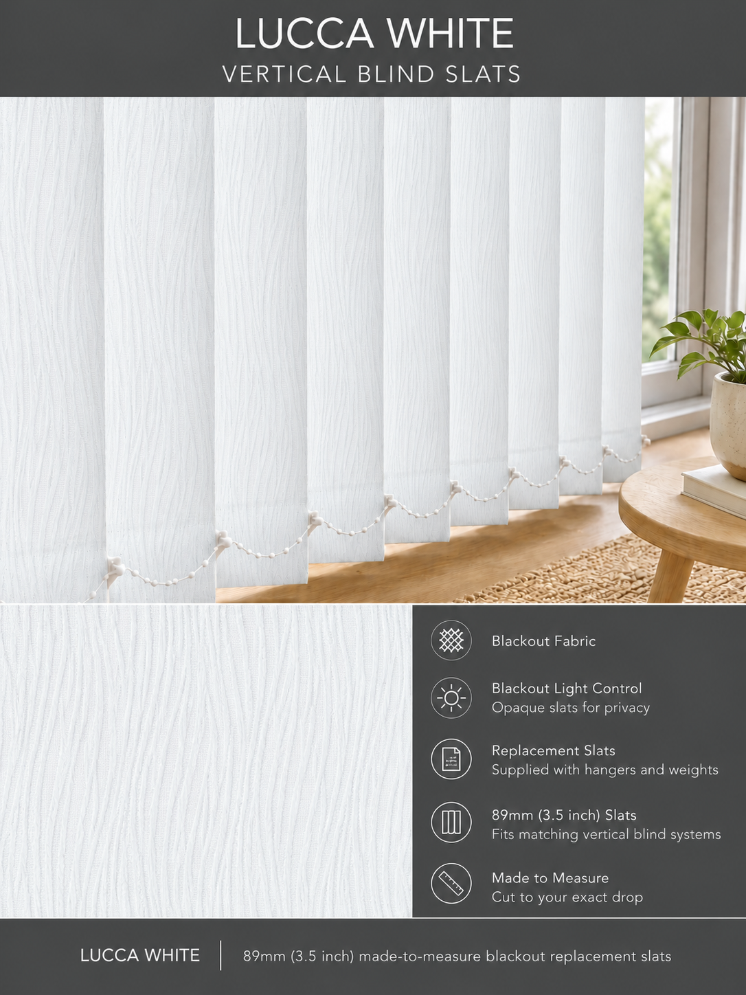 Lucca White Blackout Vertical Blind Slats — Fitz master template