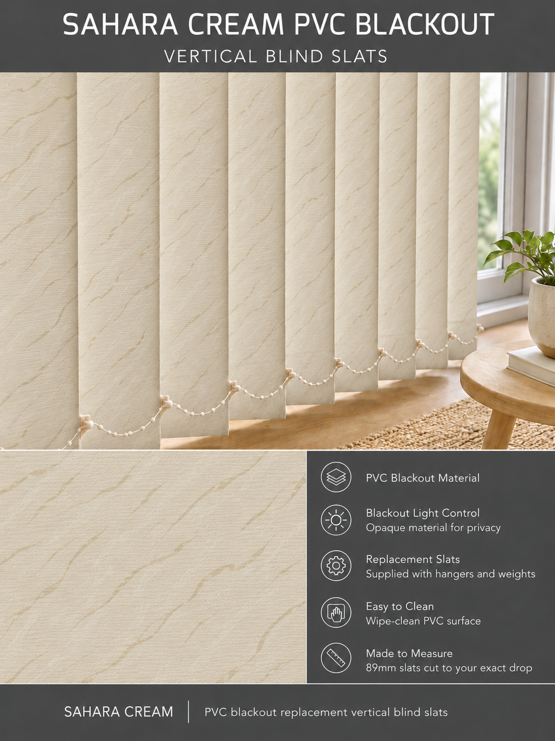 Sahara Cream PVC Blackout Vertical Blind Slats — Fitz master template
