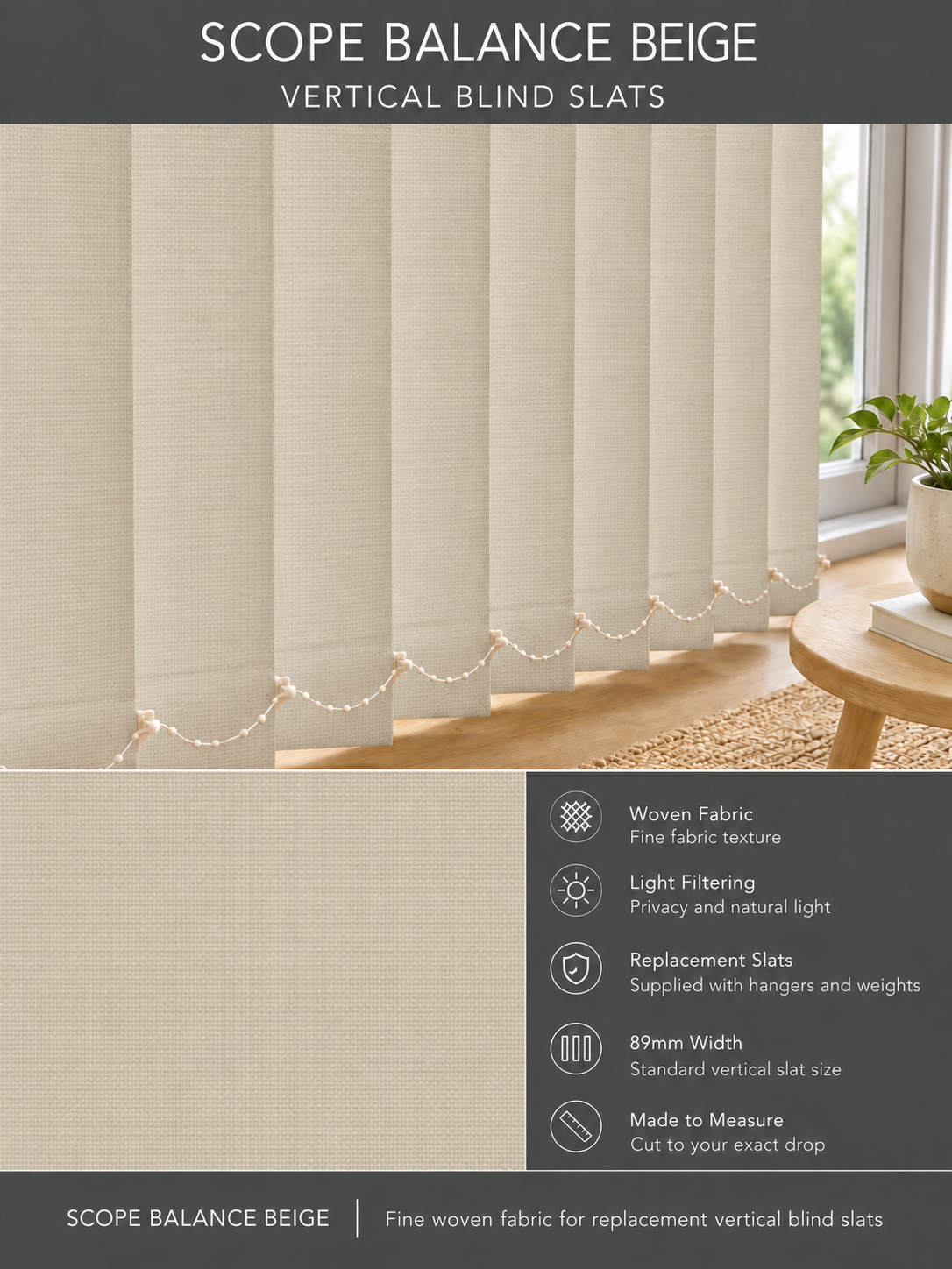 Scope Balance Beige vertical blind slats (89mm)
