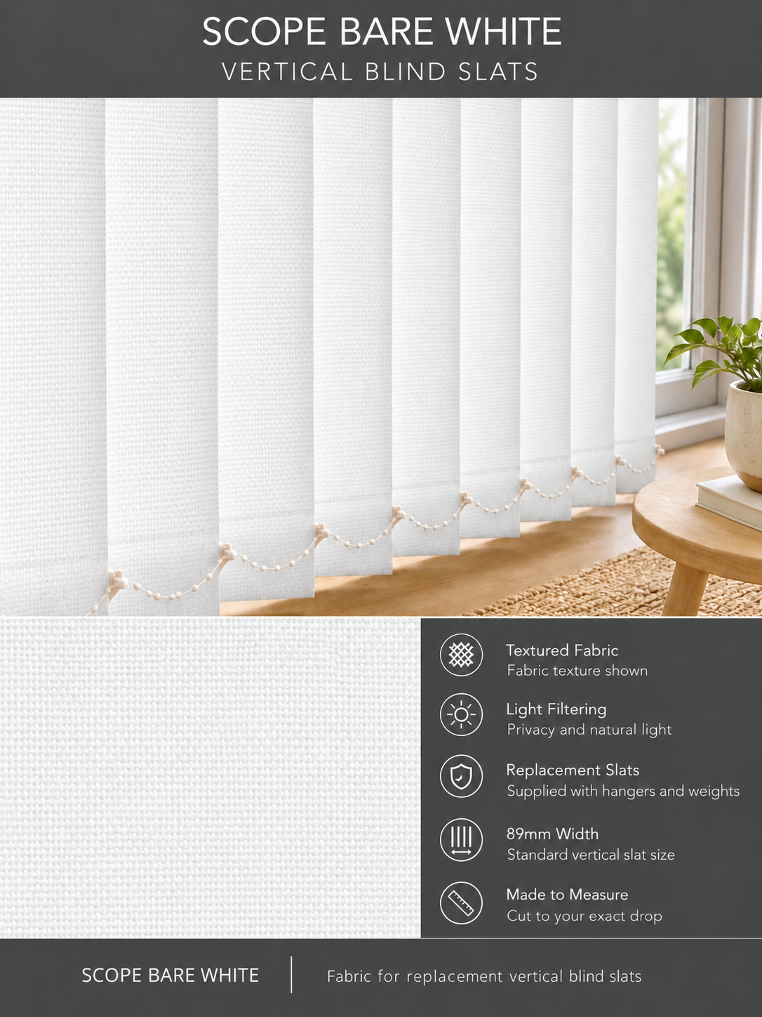Scope Bare White vertical blind slats (89mm)