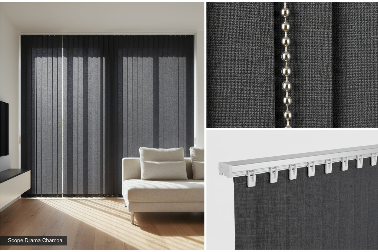 Scope Drama Charcoal Vertical Blind Slats (89mm)