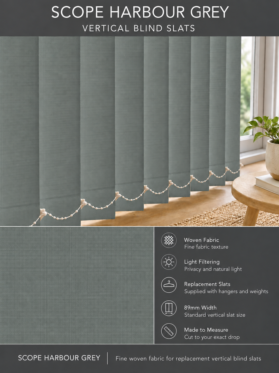 Scope Harbour Grey vertical blind slats (89mm)