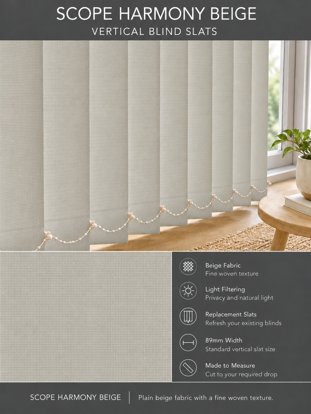 Scope Harmony Beige vertical blind slats (89mm)