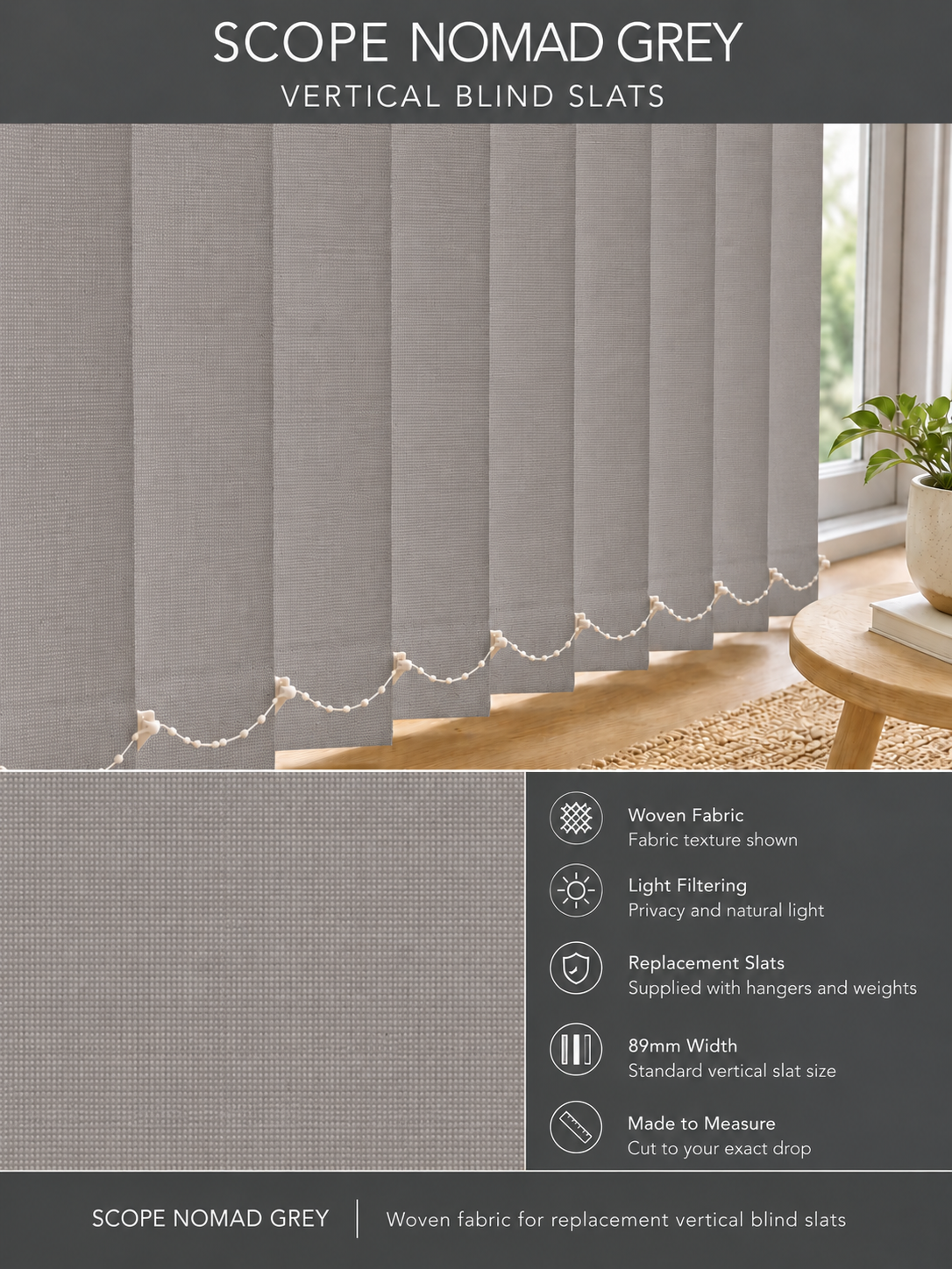 Scope Nomad Grey vertical blind slats (89mm)