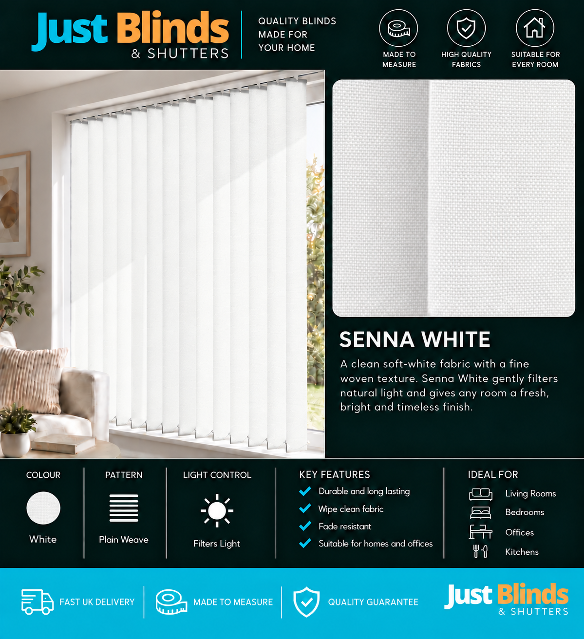 Senna White Vertical Blind Slats 89mm