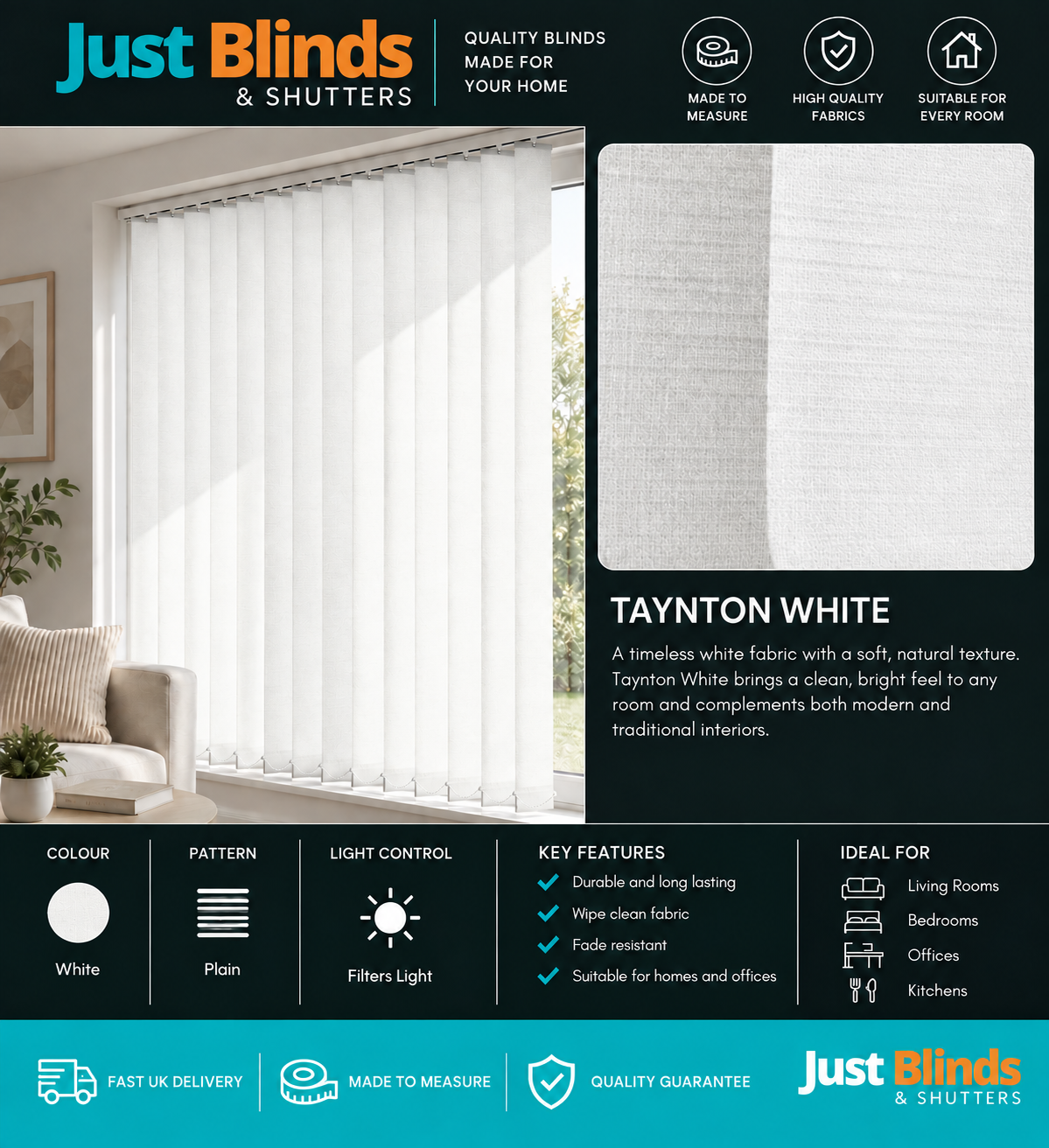 Taynton White Vertical Blind Slats 89mm