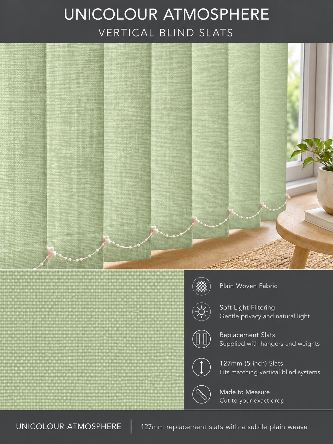 Unicolour Atmosphere vertical blind slats (127mm)