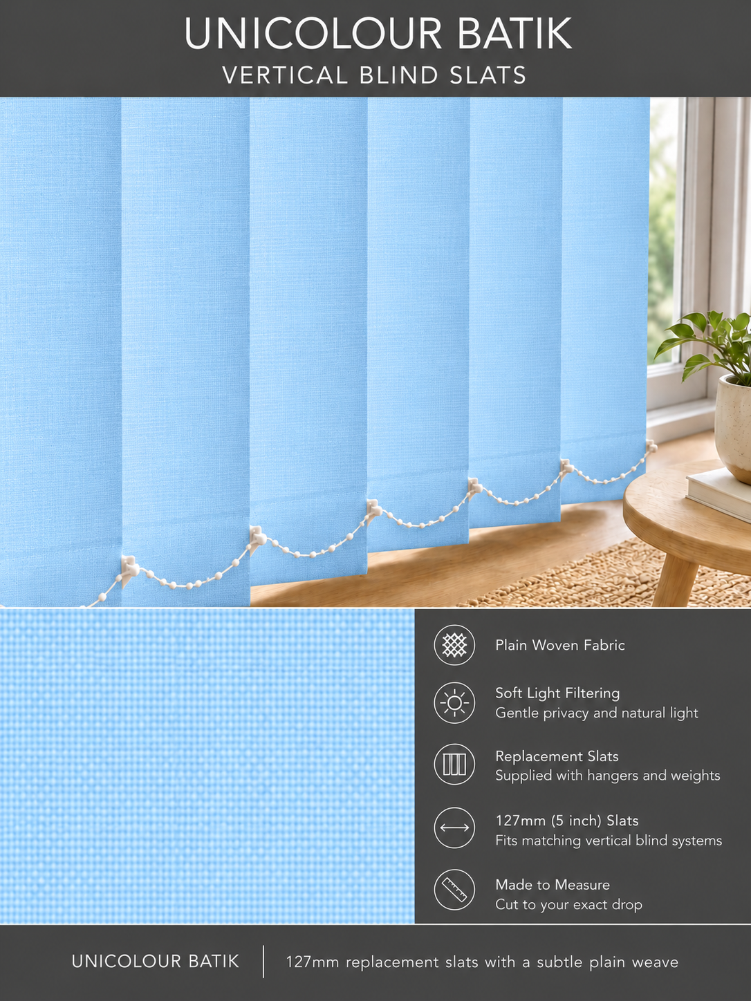 Unicolour Batik vertical blind slats (127mm)