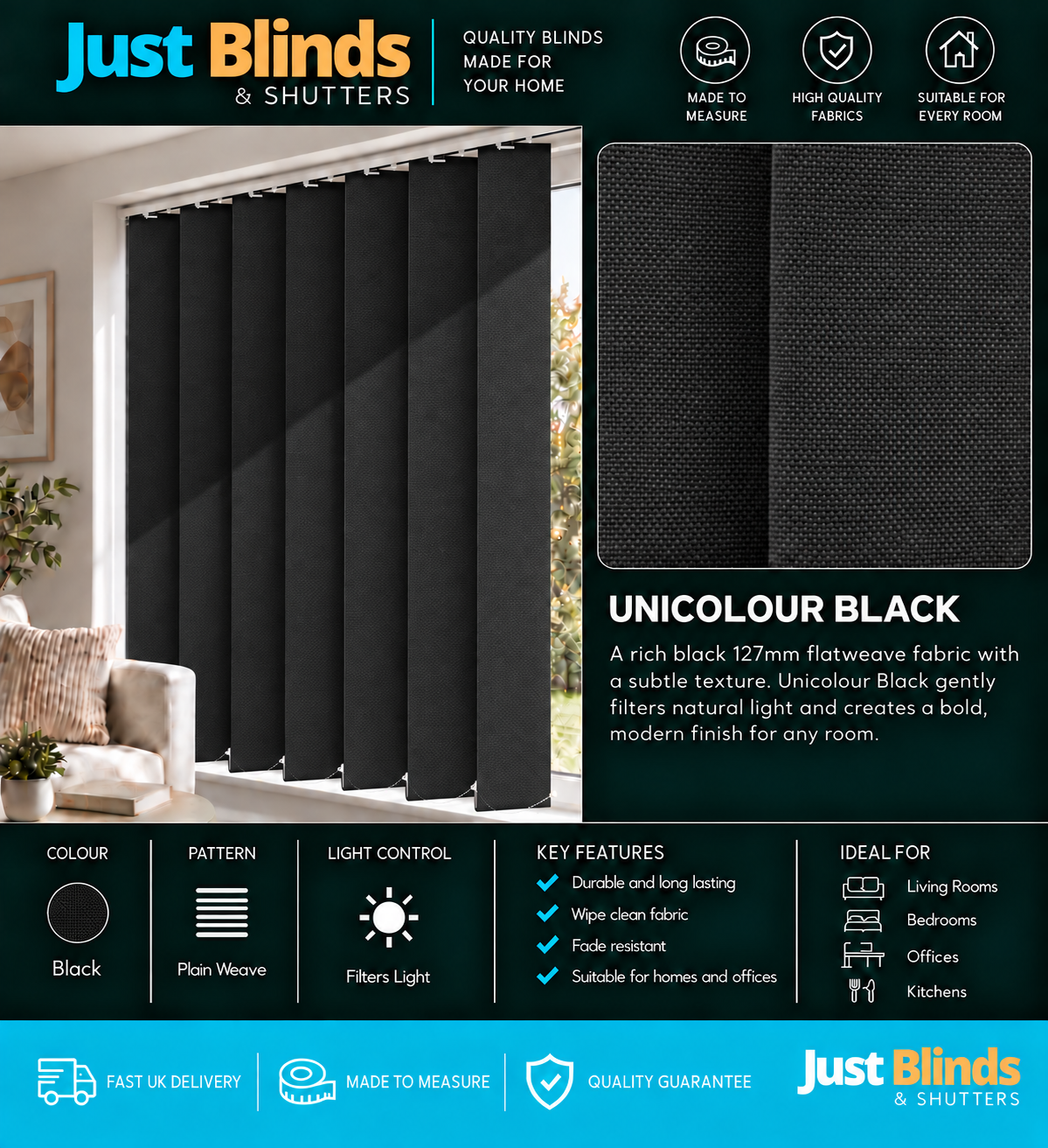 Unicolour Black Vertical Blind Slats 127mm