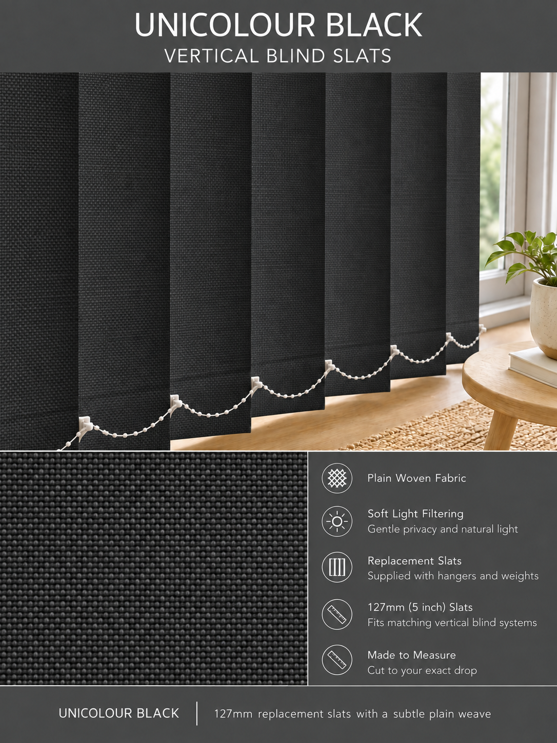 Unicolour Black vertical blind slats (127mm)