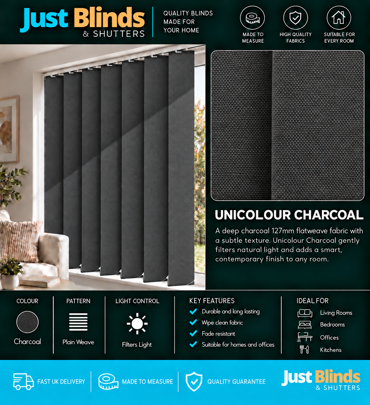 Unicolour Charcoal Vertical Blind Slats 127mm