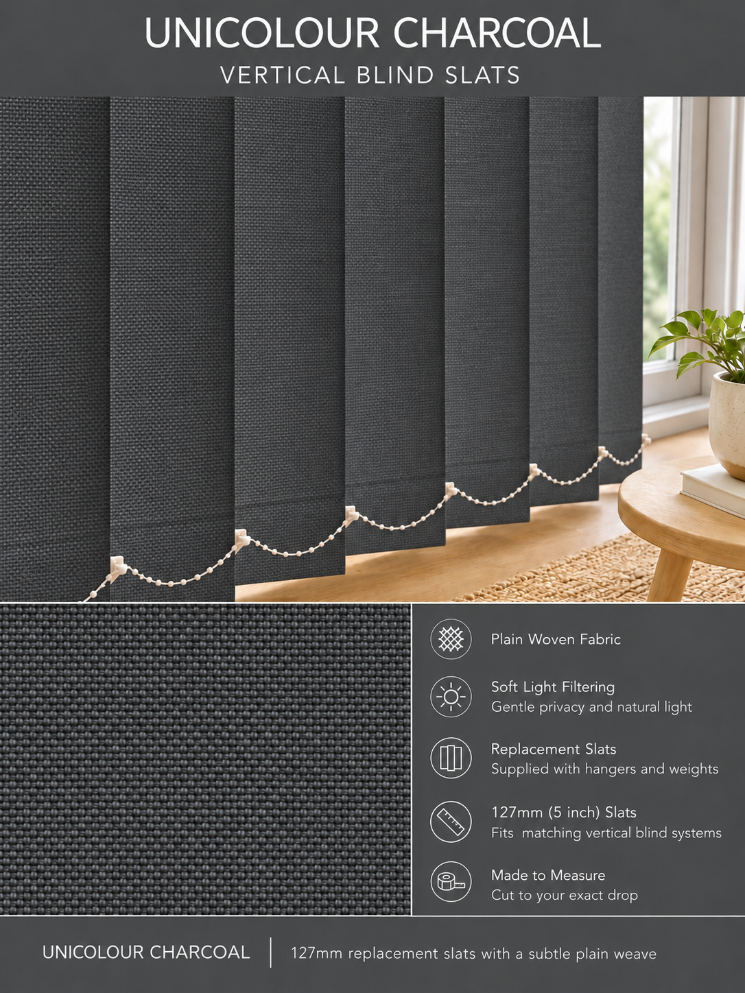 Unicolour Charcoal vertical blind slats (127mm)