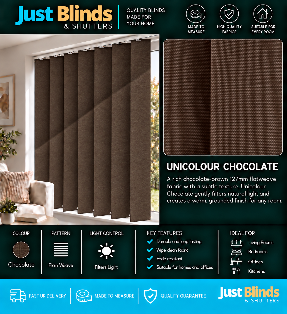 Unicolour Chocolate Vertical Blind Slats 127mm