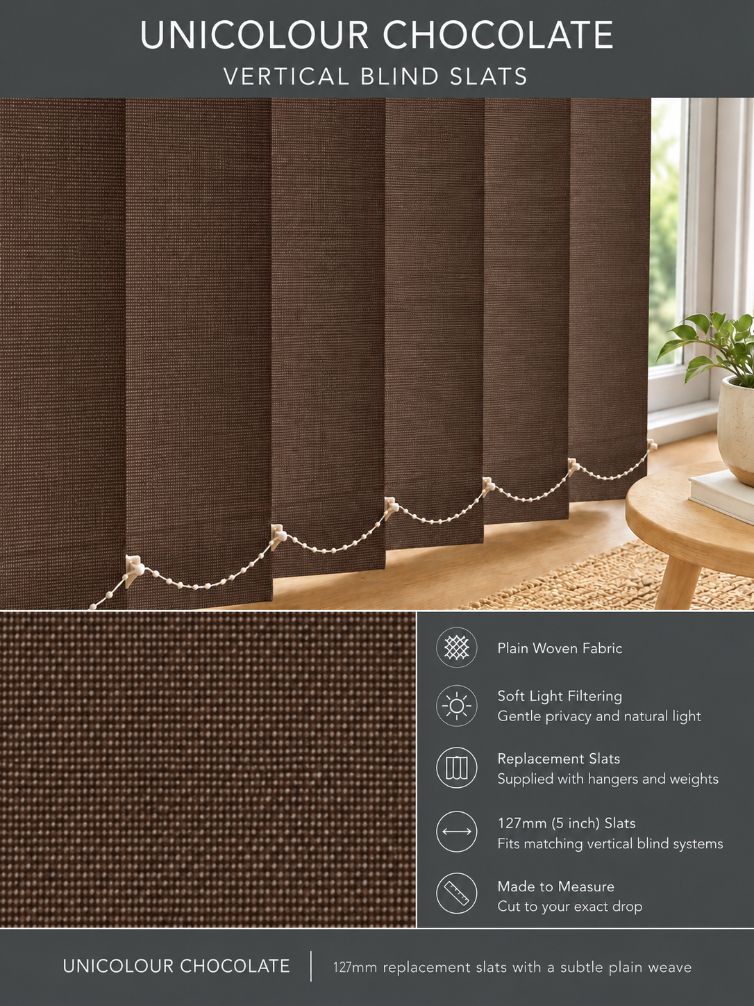 Unicolour Chocolate vertical blind slats (127mm)