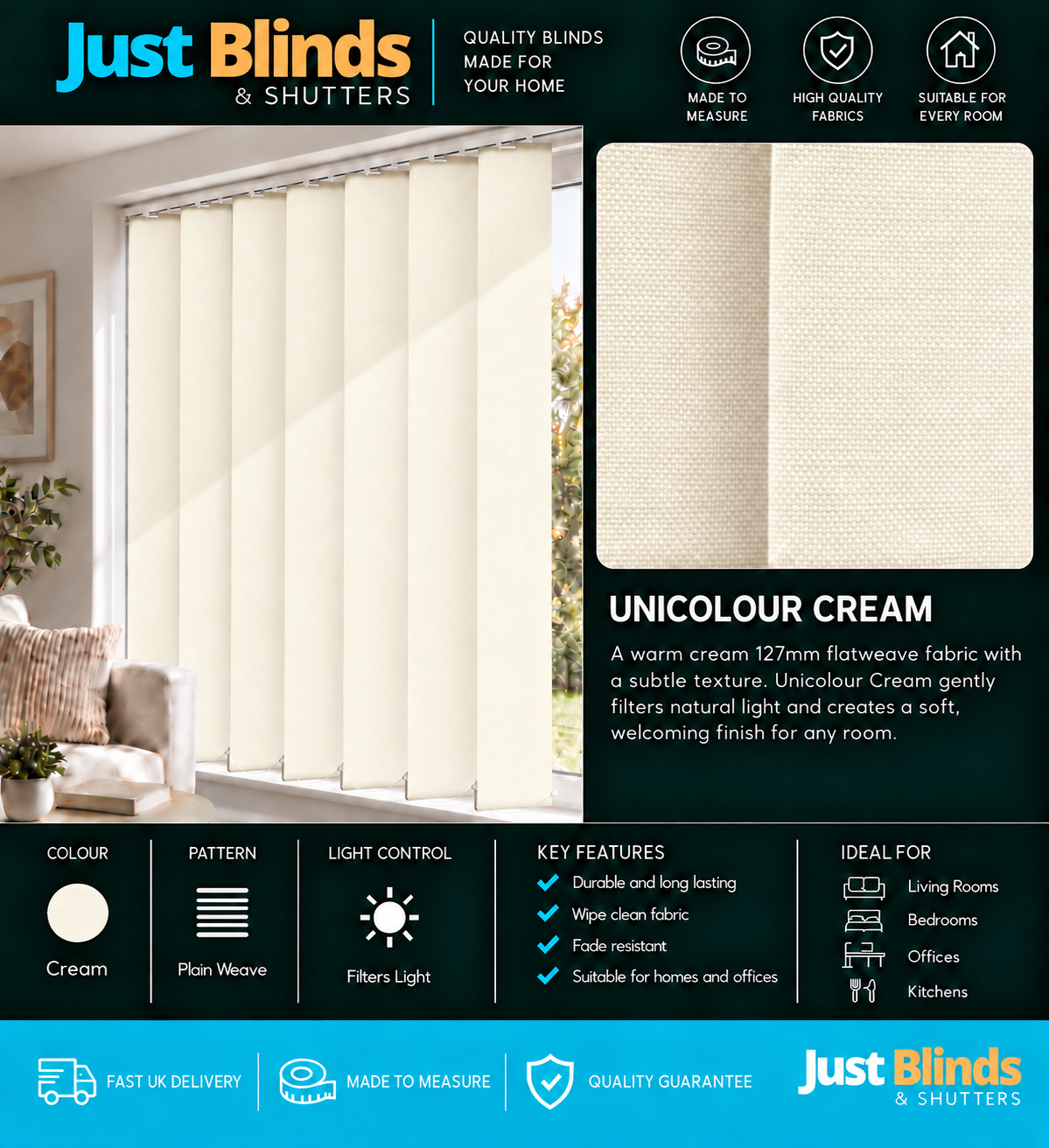 Unicolour Cream Vertical Blind Slats 127mm
