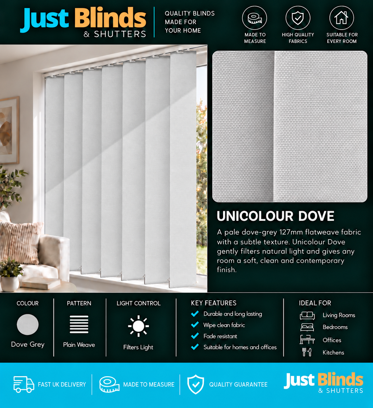 Unicolour Dove Vertical Blind Slats 127mm