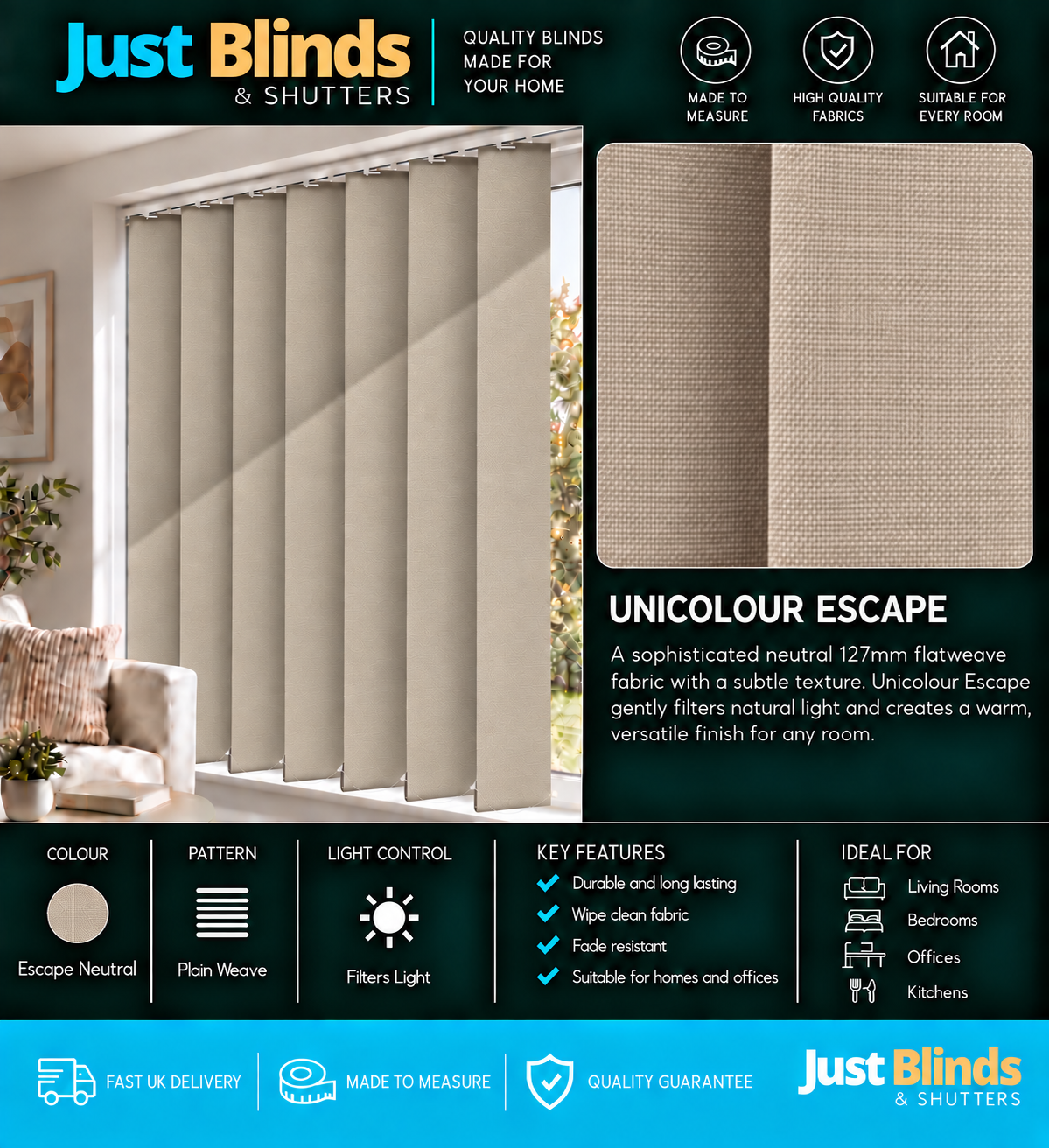 Unicolour Escape Vertical Blind Slats 127mm