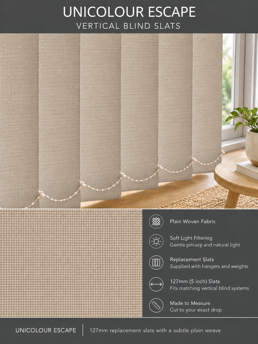 Unicolour Escape vertical blind slats (127mm)
