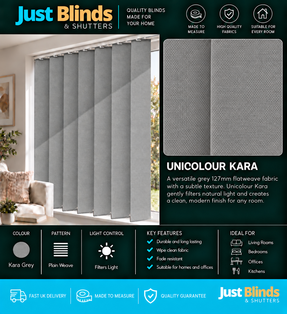 Unicolour Kara Vertical Blind Slats 127mm