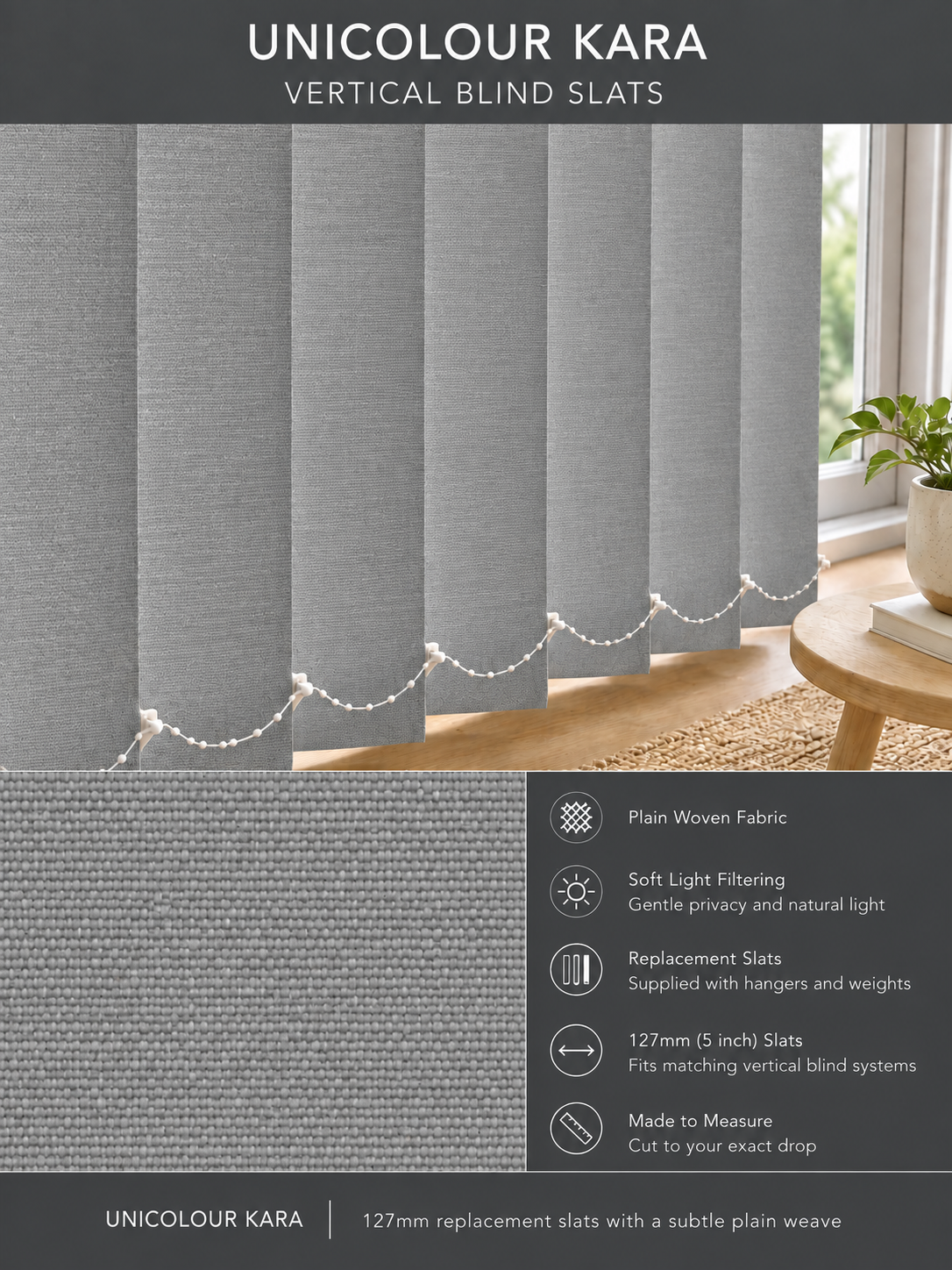 Unicolour Kara vertical blind slats (127mm)