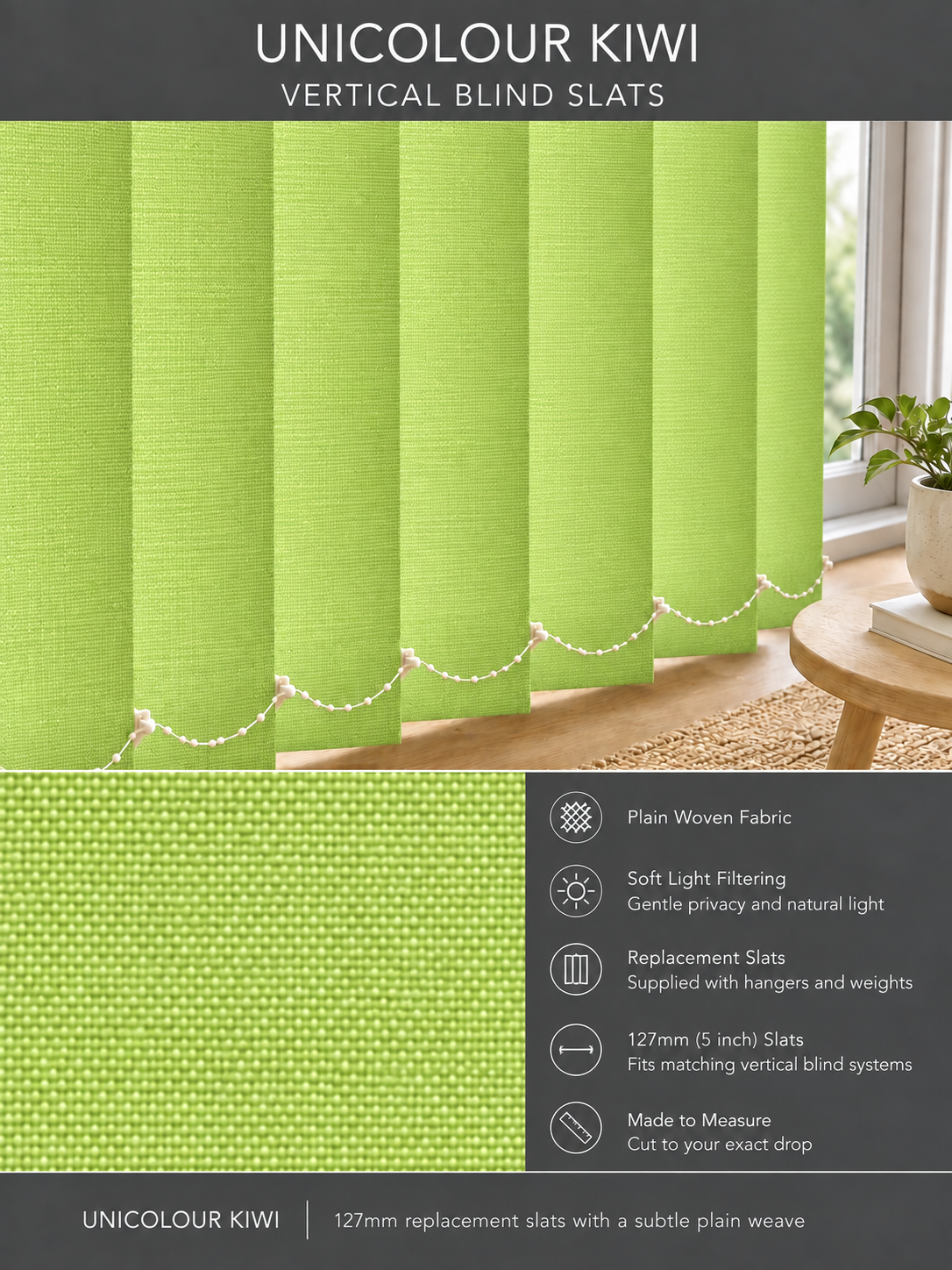 Unicolour Kiwi vertical blind slats (127mm)