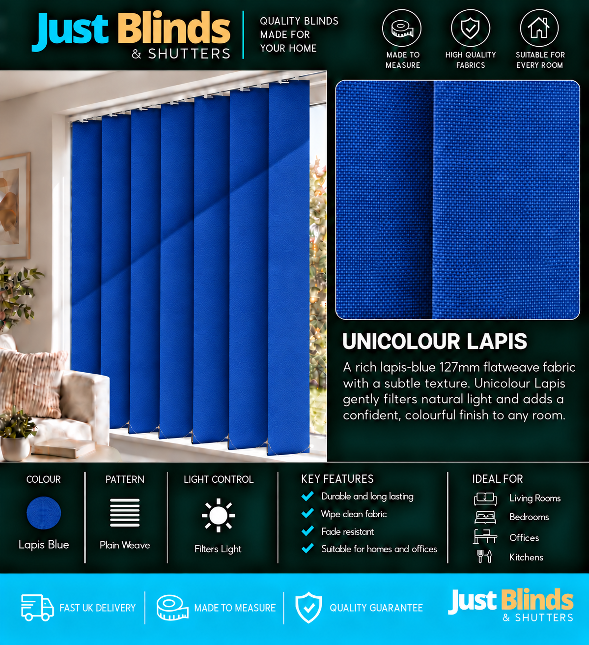 Unicolour Lapis Vertical Blind Slats 127mm
