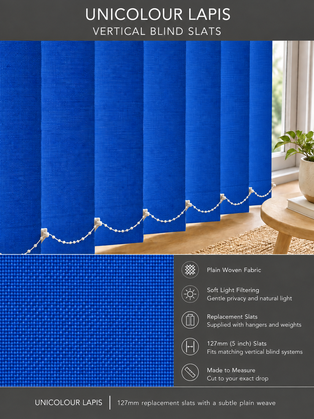 Unicolour Lapis vertical blind slats (127mm)