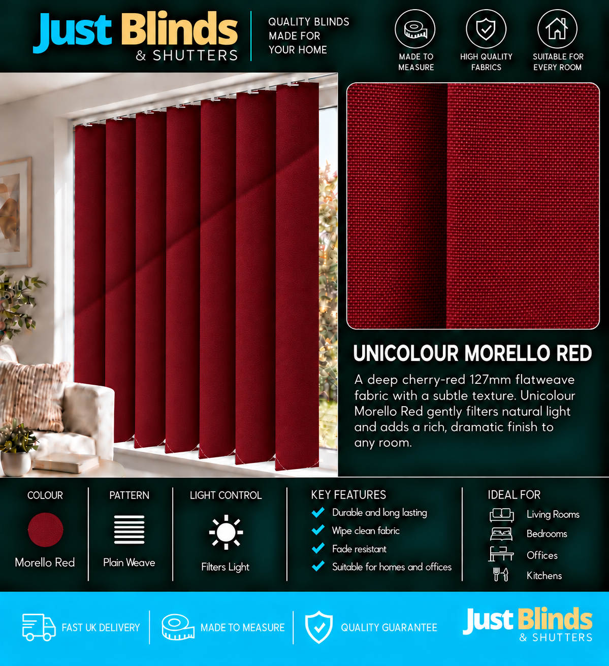 Unicolour Morello Red Vertical Blind Slats 127mm