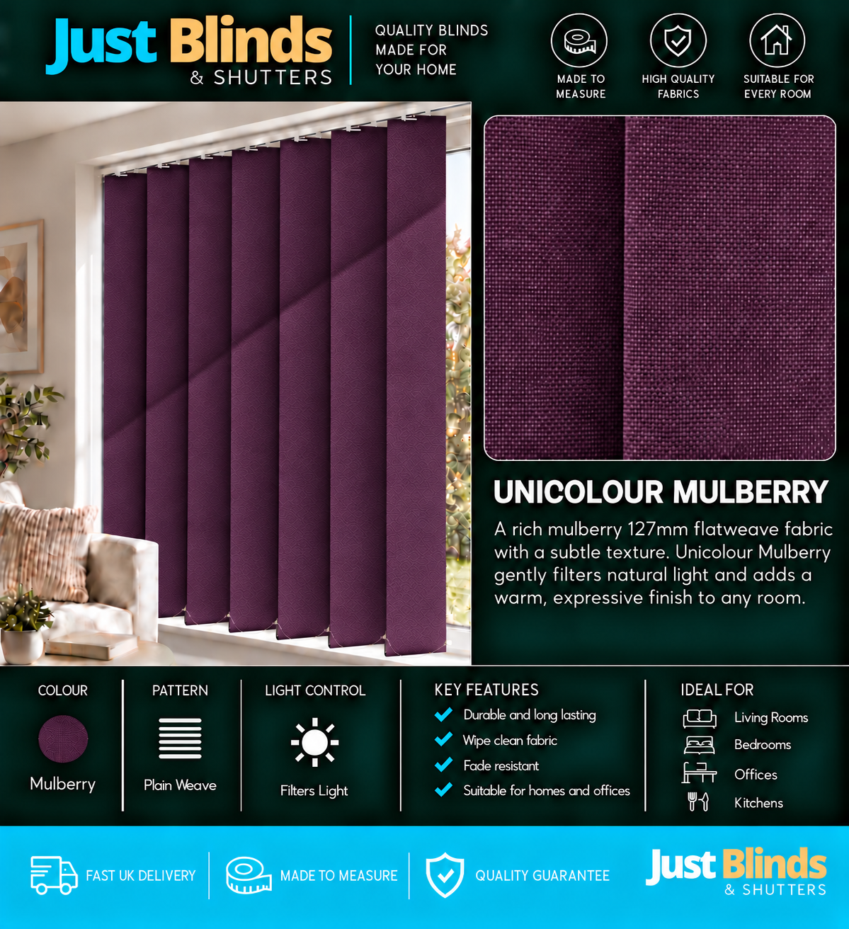 Unicolour Mulberry Vertical Blind Slats 127mm