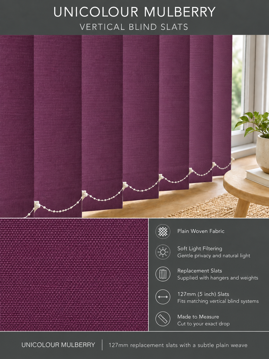 Unicolour Mulberry vertical blind slats (127mm)