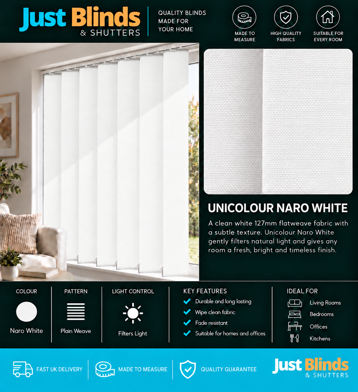 Unicolour Naro White Vertical Blind Slats 127mm