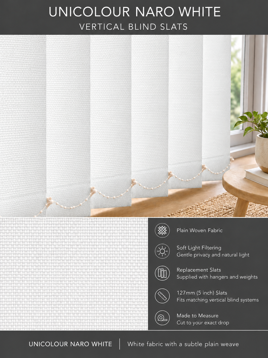 Unicolour Naro White vertical blind slats (127mm)