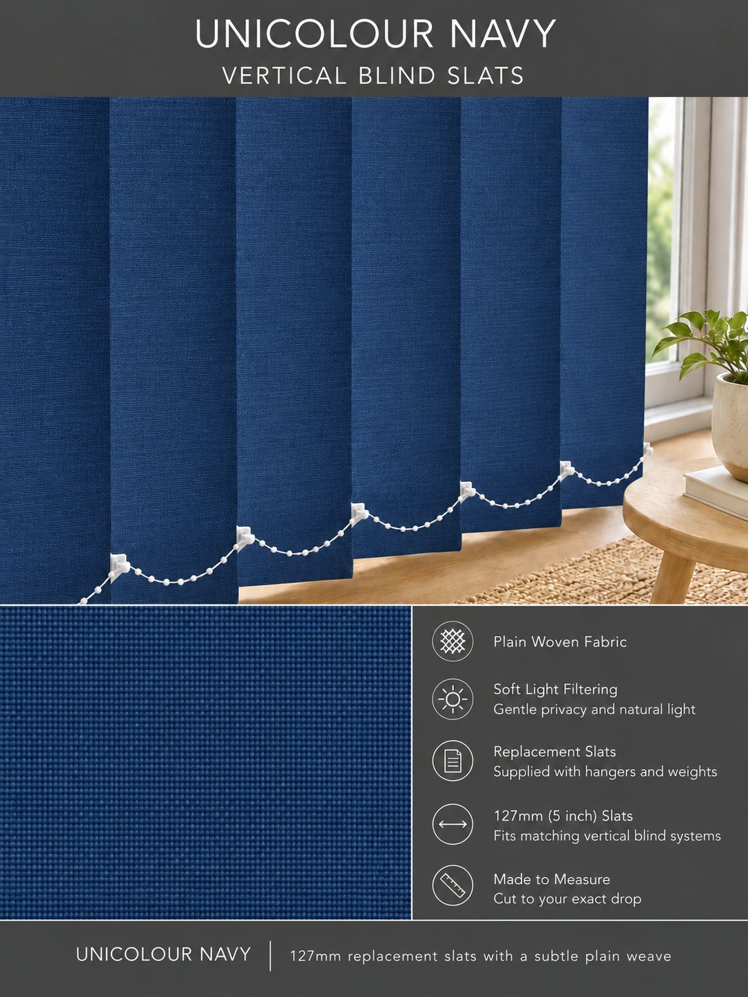 Unicolour Navy vertical blind slats (127mm)