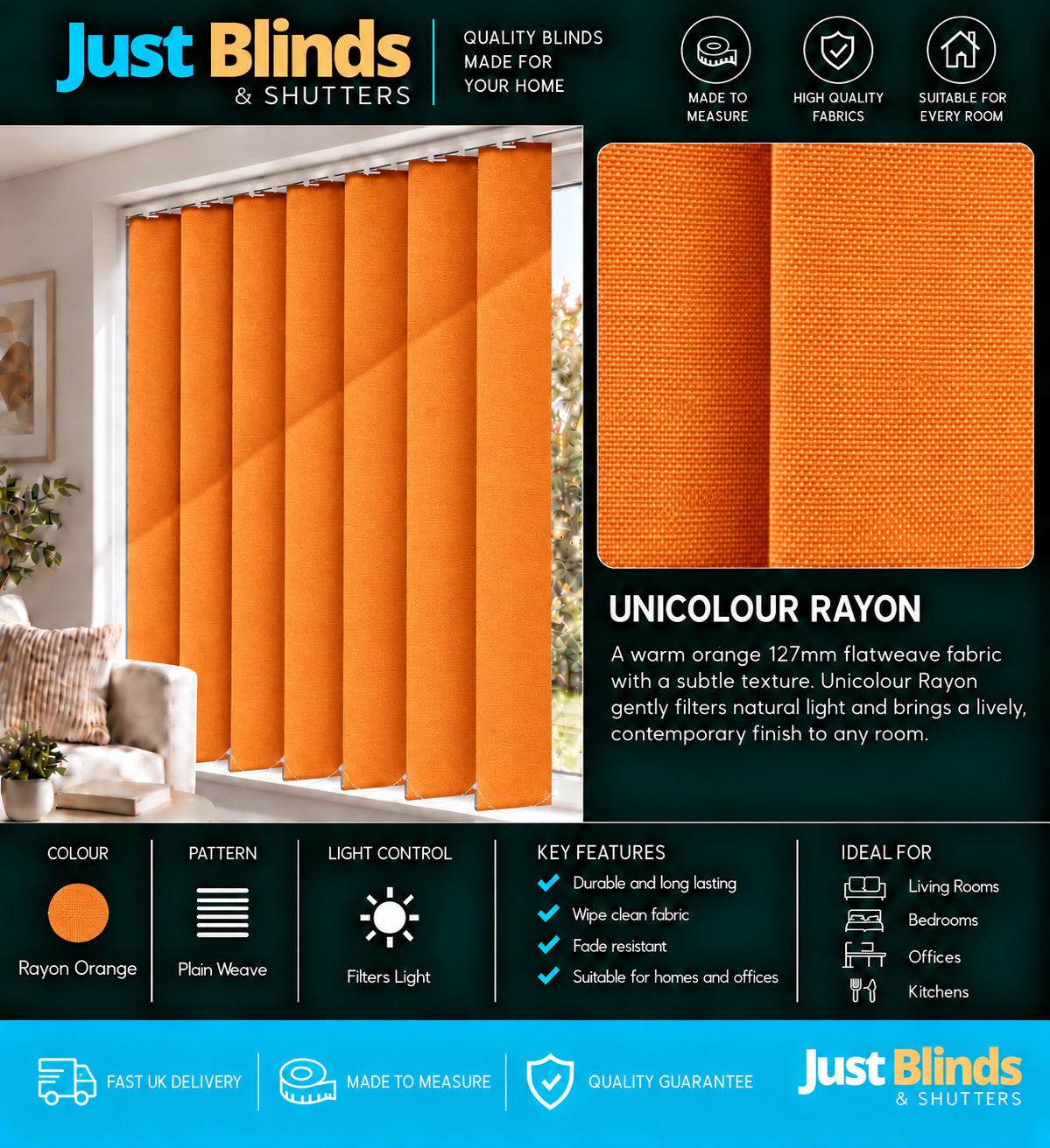 Unicolour Rayon Orange Vertical Blind Slats 127mm